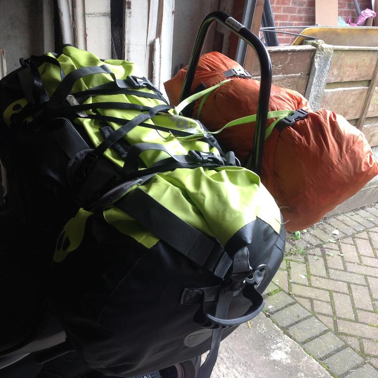 The Oxford Aqua bag and the tent strapped to Stephen's Triumph 765