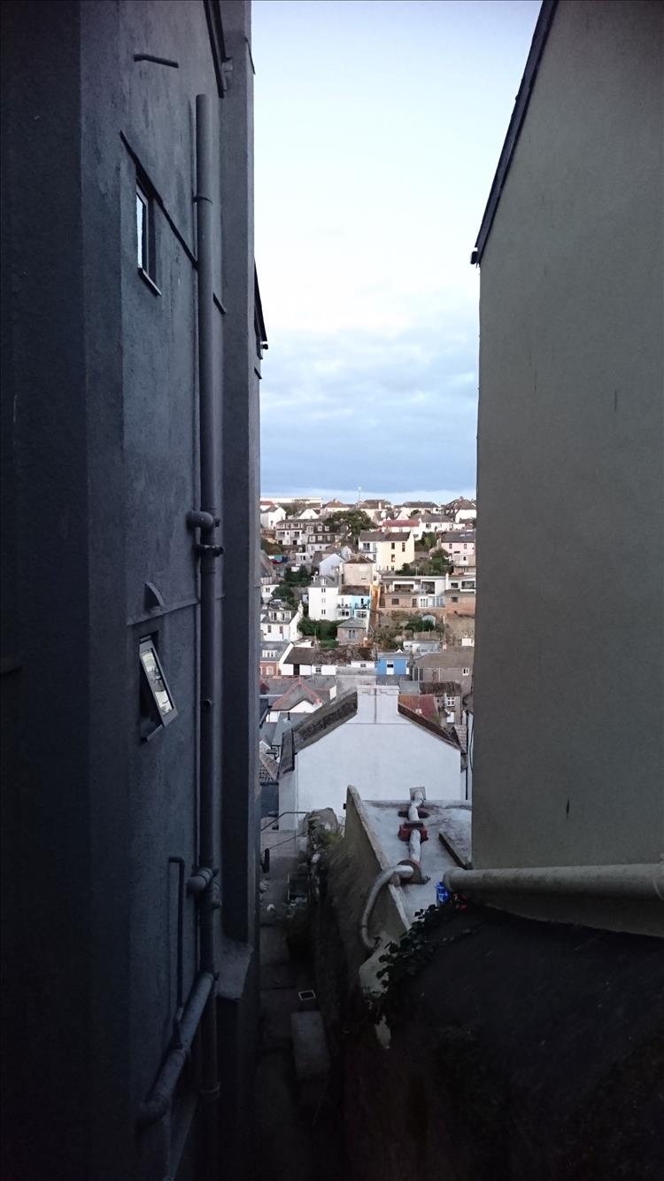 Tall house side and a narrow stepped path between them at Brixham