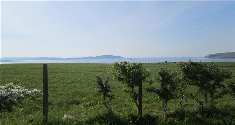A broad lush green grassy field slopes to the sea with angular hilly islands in the misty distance at Kintyre