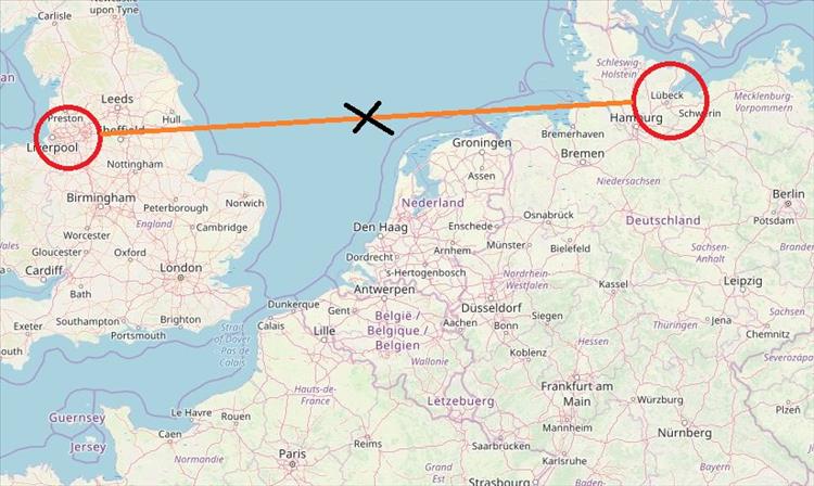 A map with Lubeck and Manchester circled, a line between them and a cross halfway, right in the middle of the ~North sea