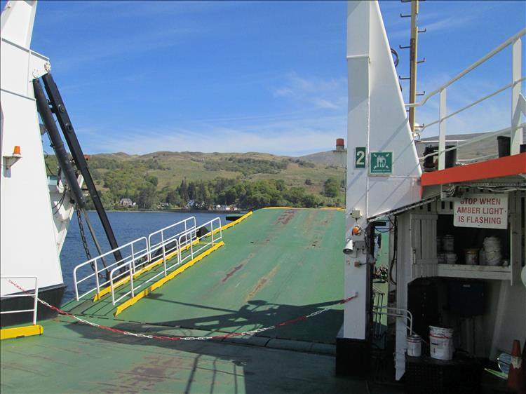 Looking out over the hills and loch from the ferry, looking over the ramp