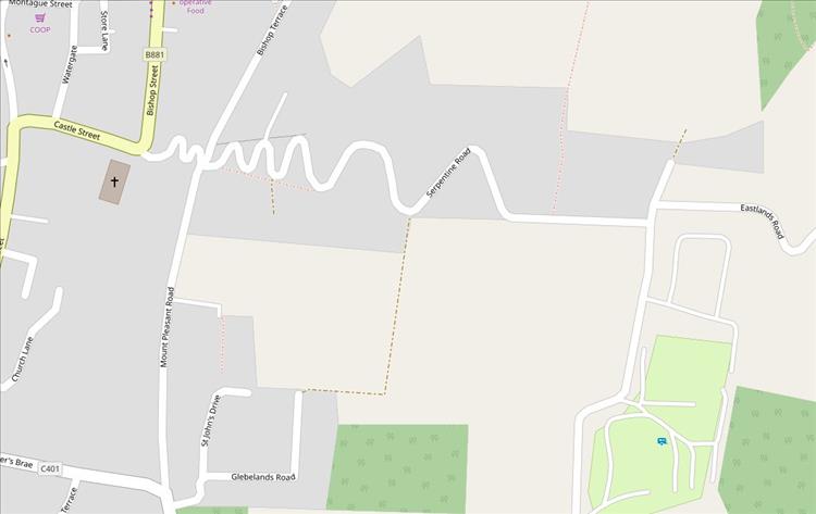 The serpentine road wiggles along the map