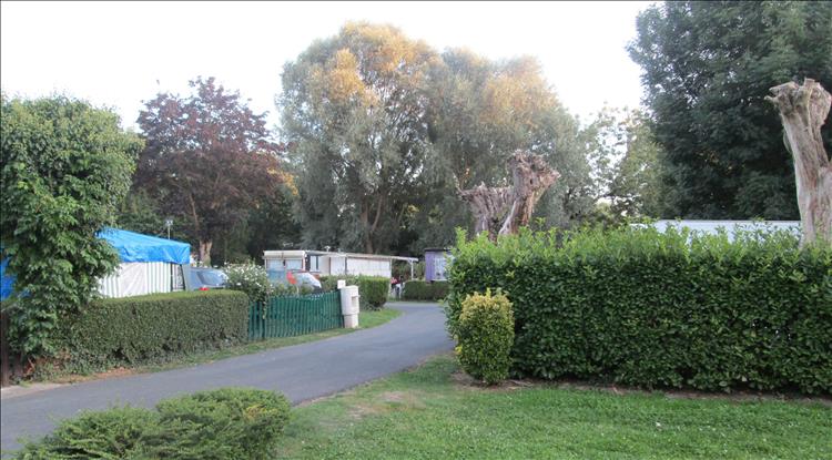 Trees, caravans, sheds and grass at the campsite in Arleux 
