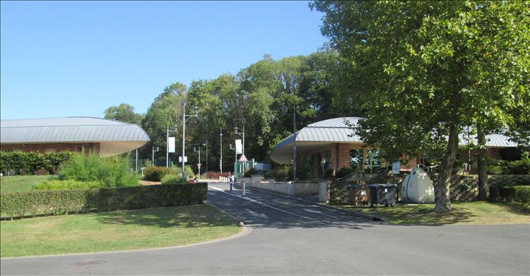 The smart buildings at the entrance to the campsite are all peaceful in the sun and daylight