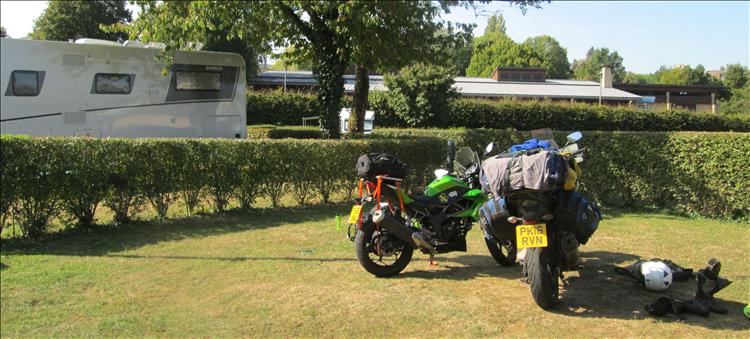 The 2 motorcycle loaded with the camping gear at the campsite in Charleville-Mézières