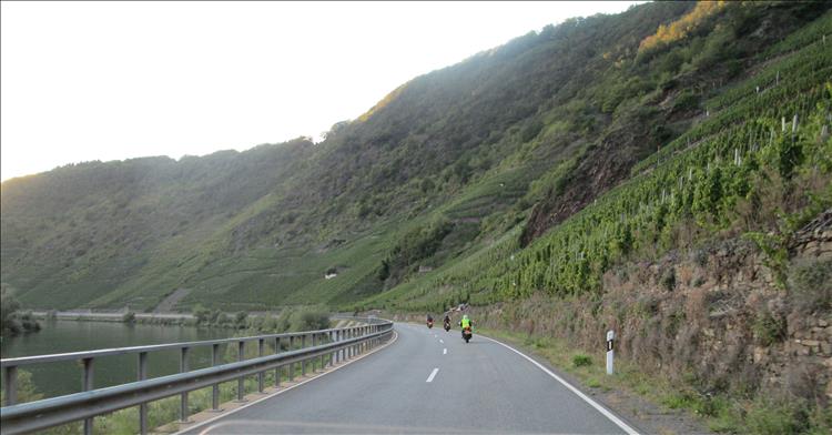 Steep valley sides, the road and the river. On the steep sides are vineyards along the moselle