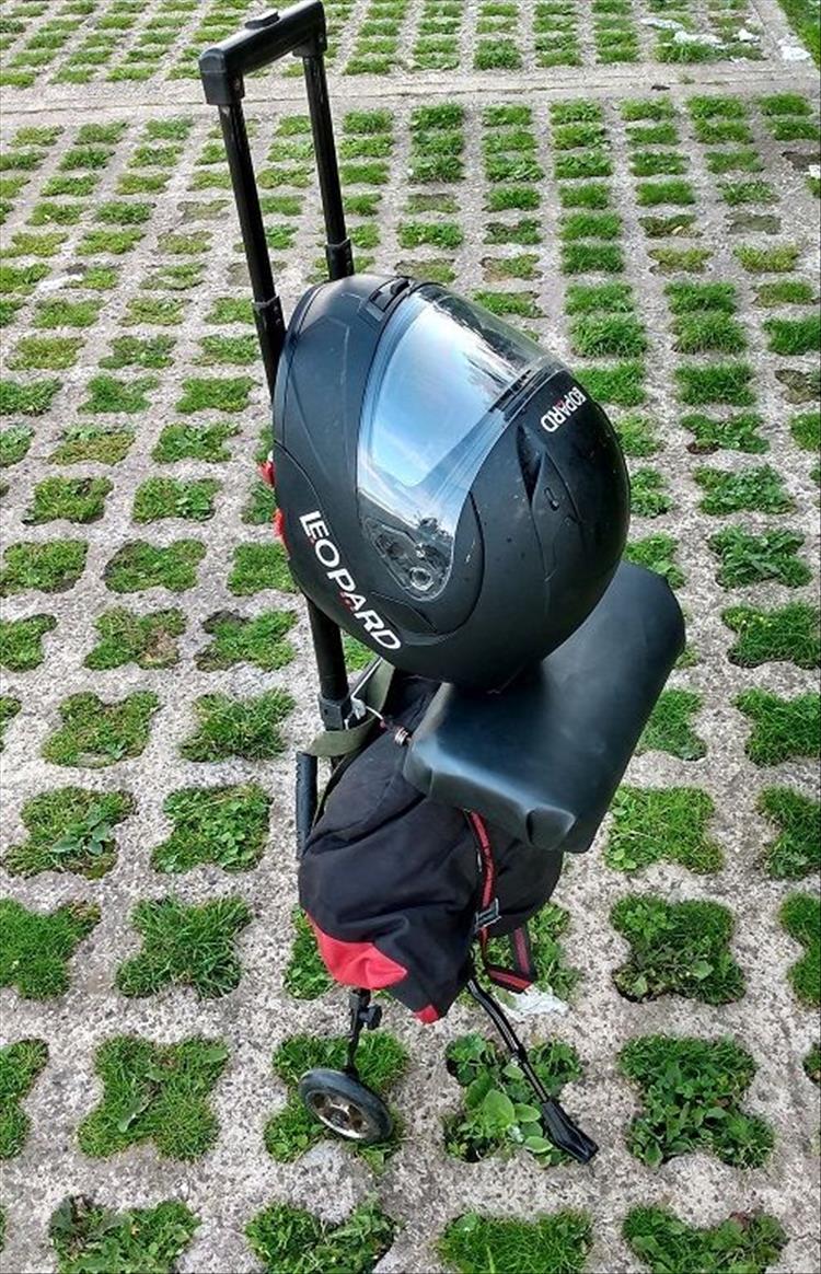 Bob's touring trolley. Extending handle, bag, bike kit and it stands up on it's own