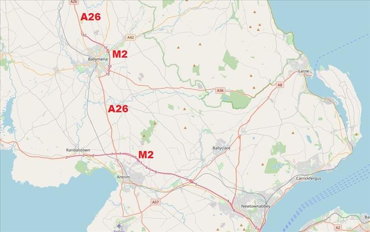 The main M2 is near Belfast with a stray remote section around Ballymena on this map
