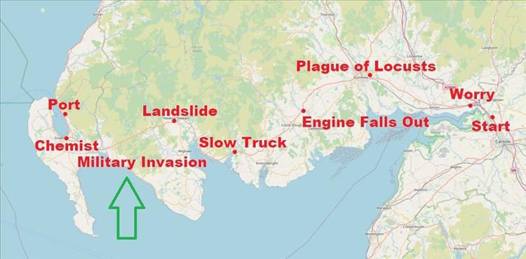 A map of the route from Carlisle to Stranraer with lots of things to worry about added