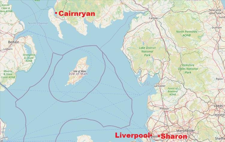 A map with Sharon's location near to Liverpool and Cairnryan is way way to the north