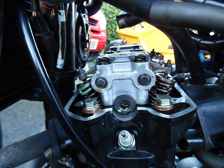 The valves and tappets and a notch in the camshaft can be seen