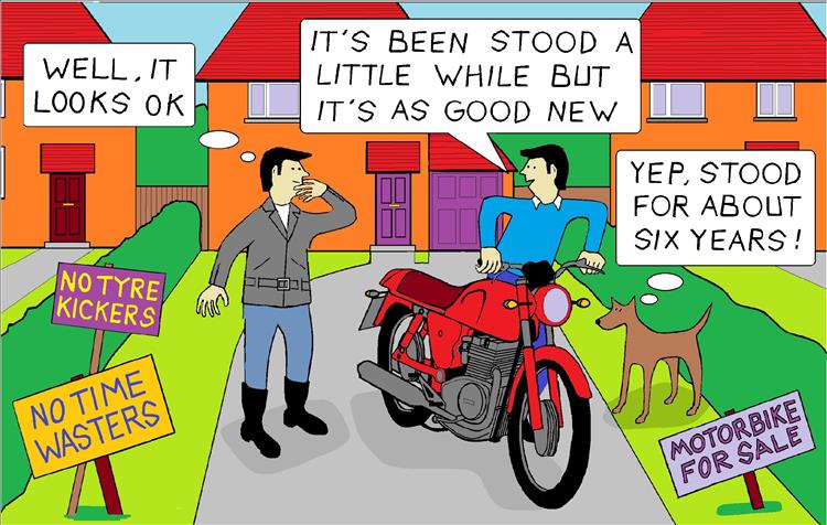 A cartoon of a rider viewing a private bike with all the pitfalls in text boxes