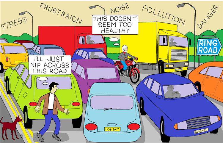 A cartoon traffic jam with all the stress and problems this causes in writing