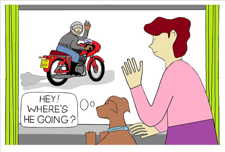 Cartoon a lady and a dog wave goodbye to a motorcyclist riding away