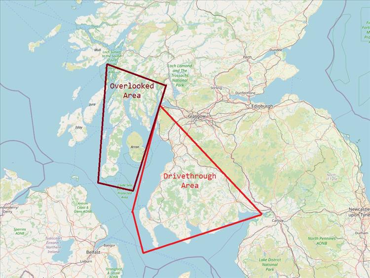 A Maps showing the drivethrough area and unloved area of south west scotland