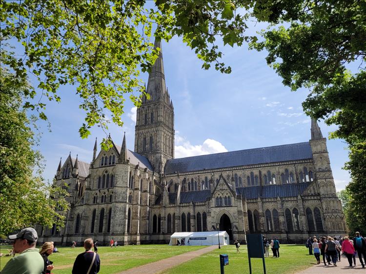 The large and imposing cathedral at Salisbury, framed by the branches of a tree