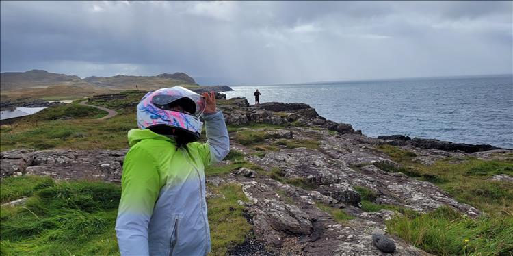 Sharon looking out to sea at the Ardnamurchan Lighthouse