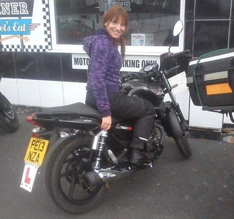 Sharon on the RKS outside a cafe in Blackpool