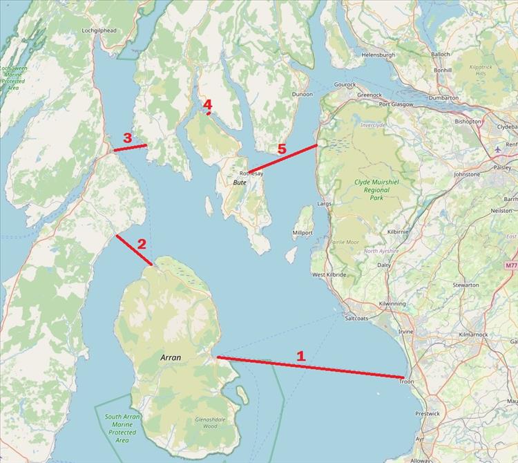 A map showing the crossing we would make on the 5 ferries trip