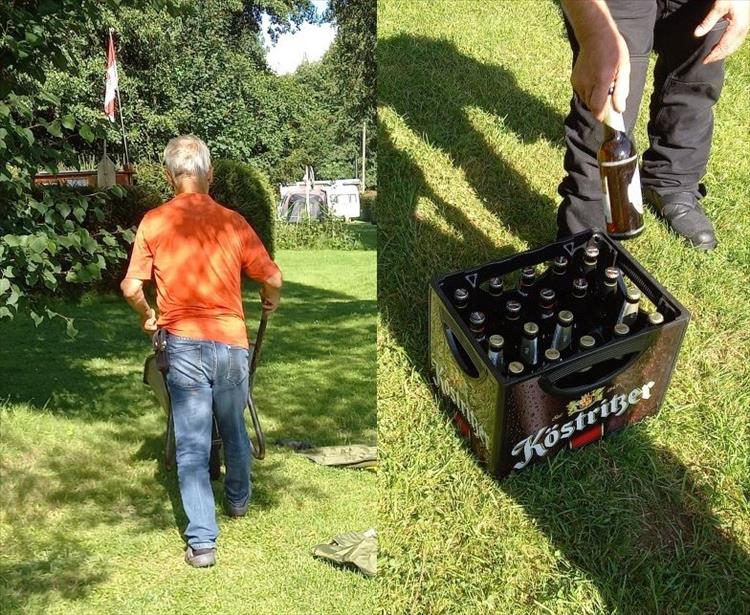 Montage as the chap walks away pushing the wheelbarrow and the case of beer