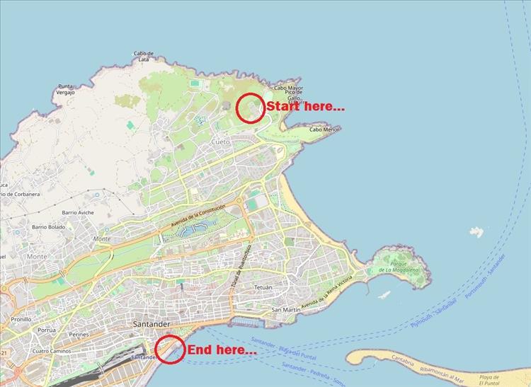 A simple map showing from the campsite to the port in Santander