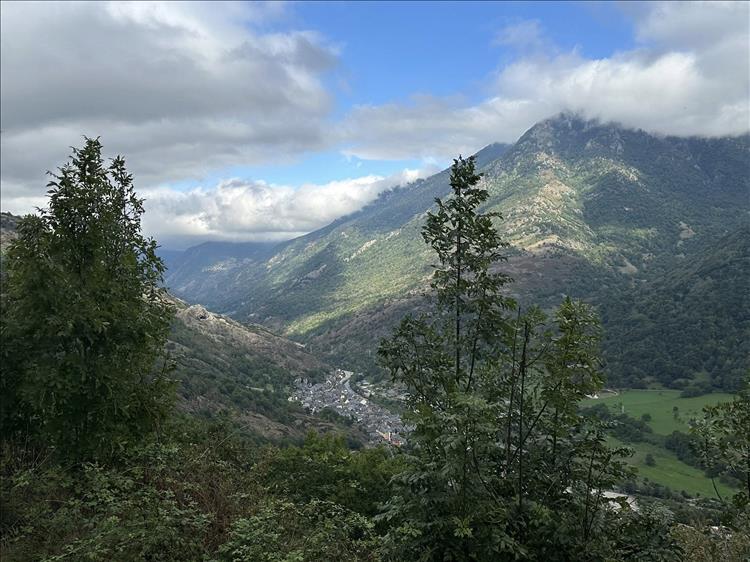 Steep valley sides, a small town and river at the bottom of the valley, and lots of trees
