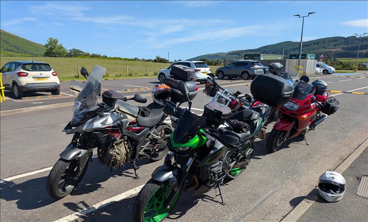 The 5 motorcycles in the car park awaiting the ferry