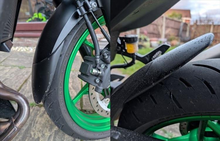 2 images spliced of the fneder extenders that make the mudguards longer front and rear