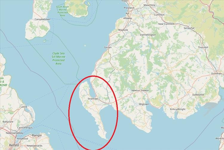 A map with the hammerhead shaped promontory of the Rhins Of Galloway