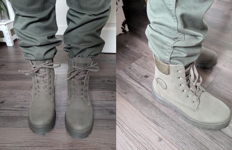 2 views of Sharon's smart olive green motorcycle boots