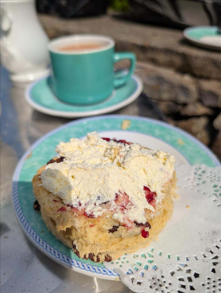 A close up of a scone drowned in cream and jam, a cup of tea behind