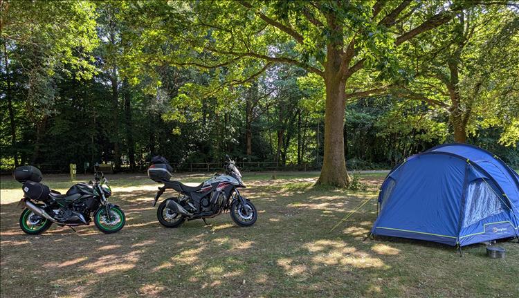 The motorcycles and the tent in the thick forest at postern hill campsite