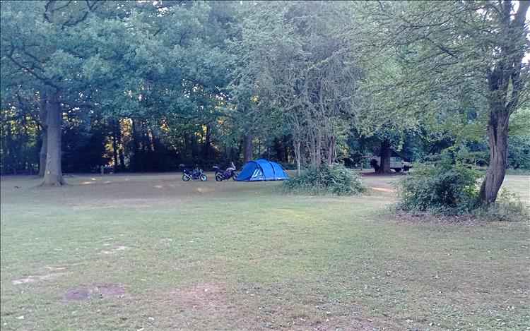 away in the trees and rising sun is the blue tent and the 2 500 bikes