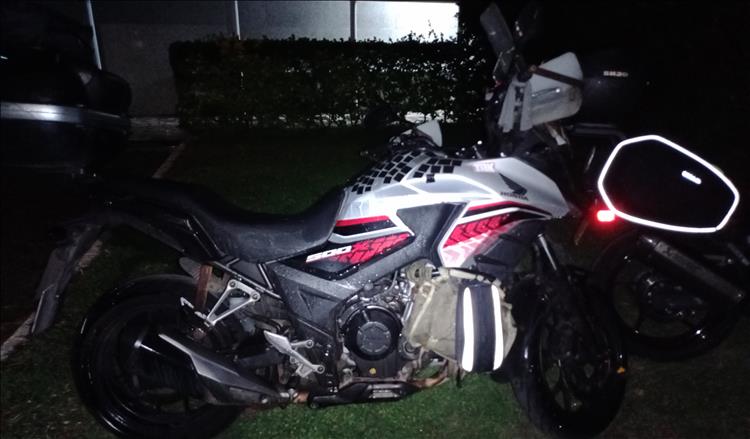The CB500X in the dark and the rain and the cold at the campsite