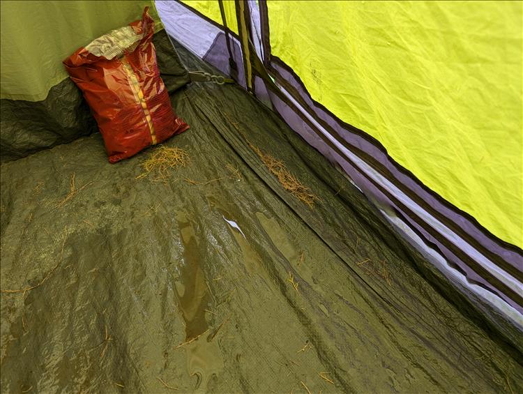 The floor of the tent is wet and grassy