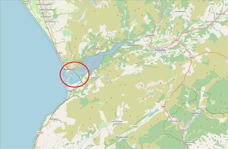 Map with Barmouth and the associated bridge circled
