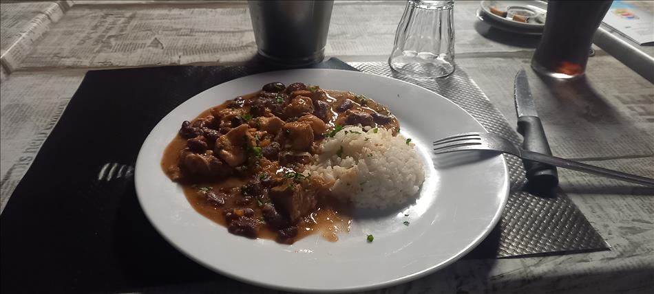 A plate of food with a dollop of rice and what could be stew or surry