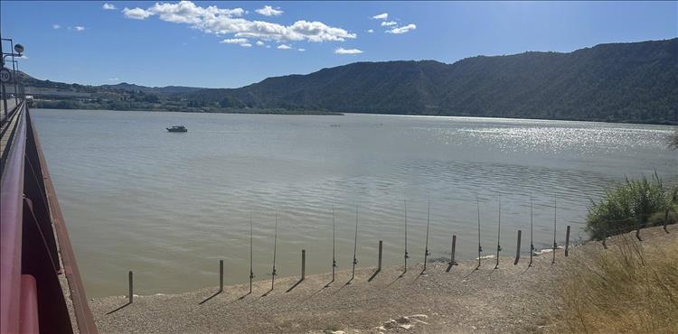 On the banks of the big river are 10 unattended poles out into the river