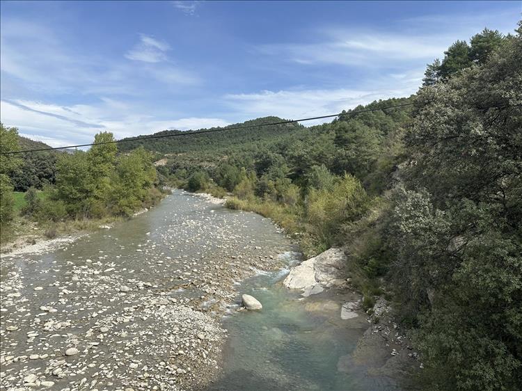 A river, blue skies, hills and trees, the river is low we see a stony bank and not much water
