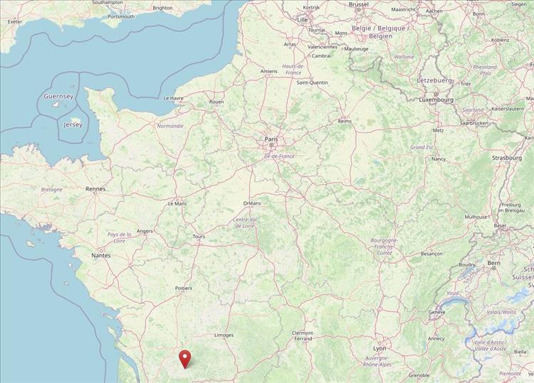 A map of France showing Verteillac towards the south west