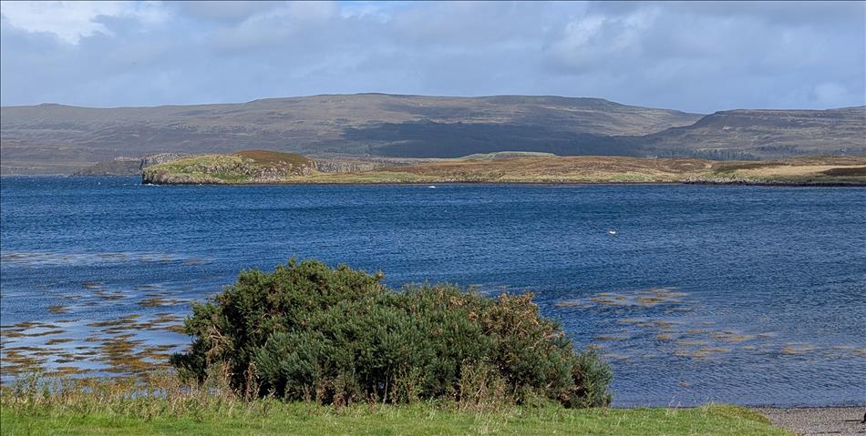 A broad sea loch, hardy bush close by and rocky grassy outcrops across the waters
