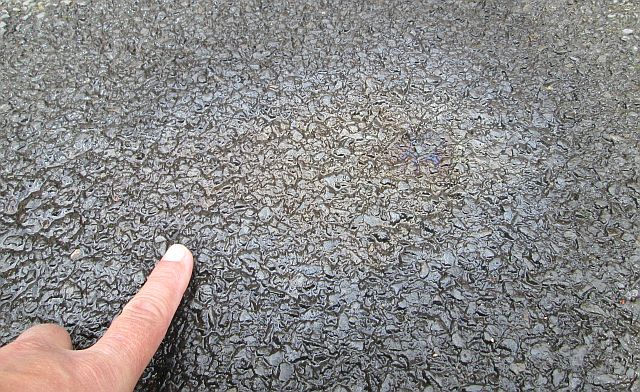 A small patch of oil on wet ground has the rainbow colours, ren is pointing at it.