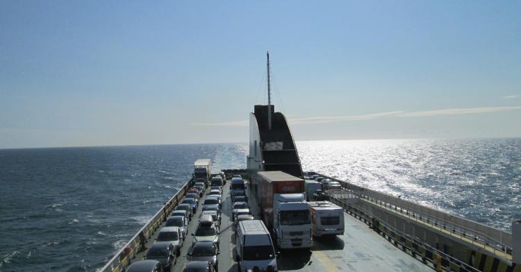 Looking over the rear of the ferry as we cross in sunshine to Dublin