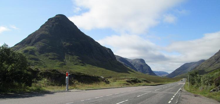 On the road between Glencoe and Rannoch Moor. Harsh mountains against the warming sun