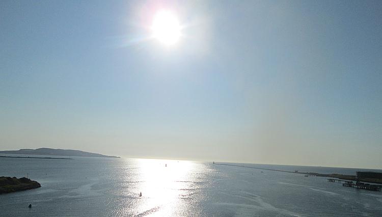 Glorious sun in clear skies is reflected off the sea as we return to Holyhead from Dublin