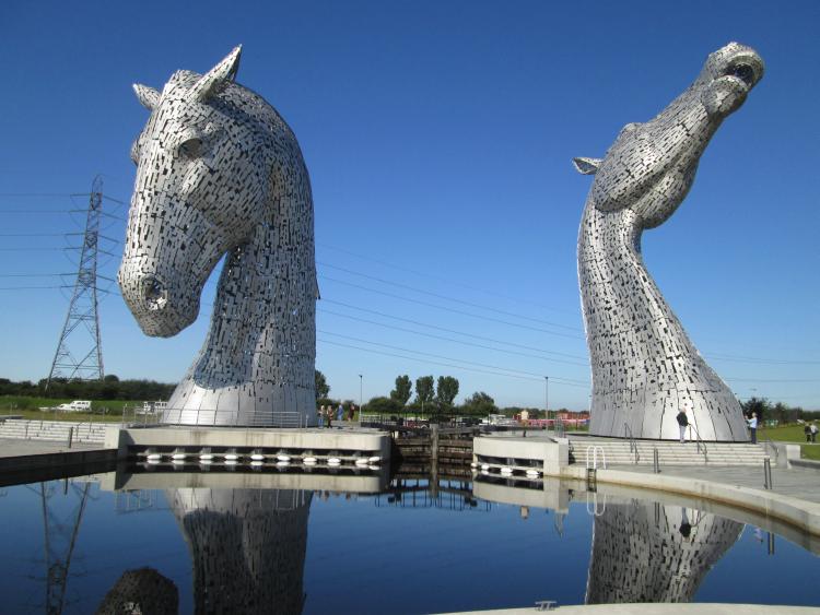 The Kelpies. 2 massive horse heads in steel, one looking up, one looking down