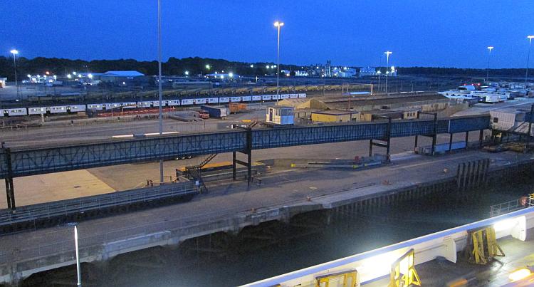 Harwich port in the fading light as seen from the ship