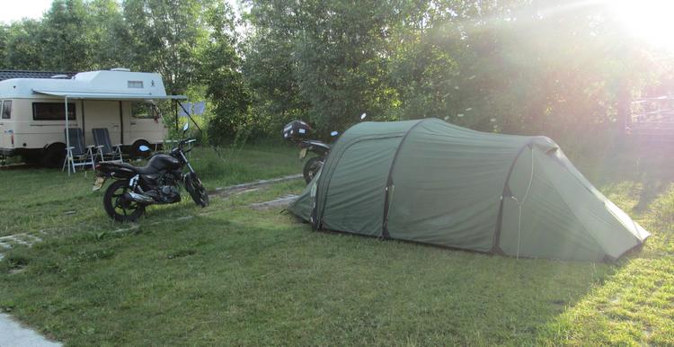 Our tent and motorcycles at the campsite near edam
