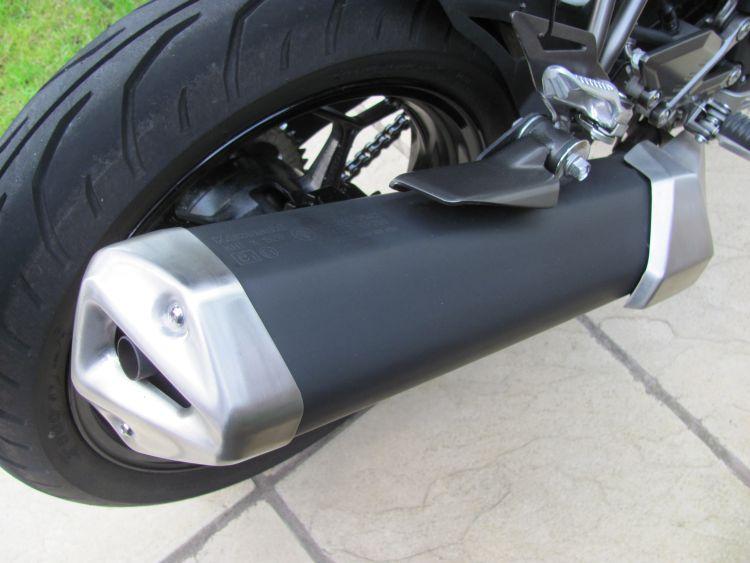 Close up image of the exhaust on Sharons 250