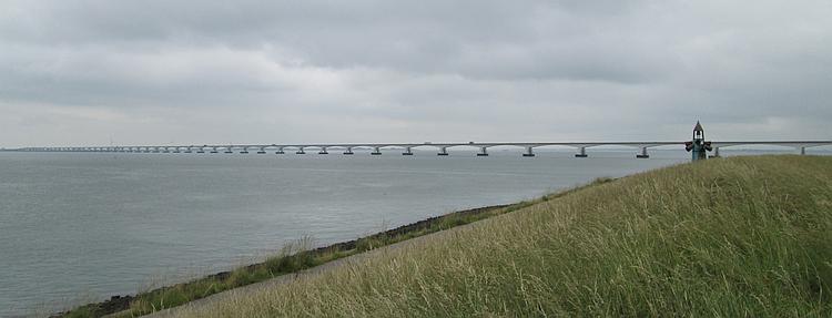 The Zeelandbrug bridge, 3 miles long, many spans and stretching as far as the eye can see